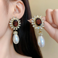  Elegant French Style Flower Inlaid Rhinestone Drop Pearl Necklace & Earring Set - Thumbnail 3