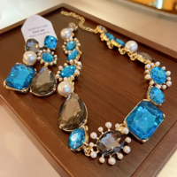 French Luxury Water Drop Rhinestone Earrings & Pearl Necklace Set - Thumbnail 1