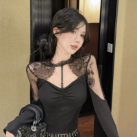Elegant Gothic Black Lace-Up Long Sleeve Top  - Thumbnail 1