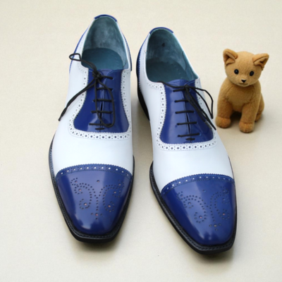 Crafted leather men blue white leather oxford lace up dress shoes