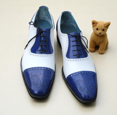 Crafted Leather Men Blue White Leather Oxford Lace up Dress Shoes