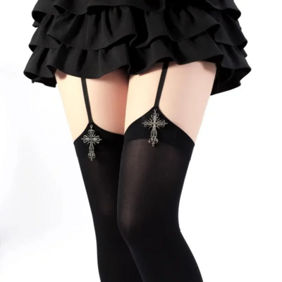 Cross decoration suspender thigh high socks  - Thumbnail 3