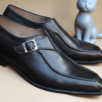 Crafted leather handmade classic black leather monk strap dress shoes
