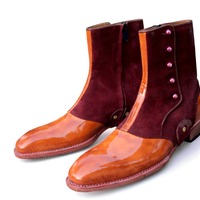 Crafted Leather Bespoke Dress Shoes Two Tone Brown Patent Leather & Suede Ankle High Button Boot  - Thumbnail 2