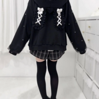 Lace-Up Bow & Pearl Zipper Kawaii Sweet Bunny Ears Hooded Jacket - Thumbnail 6