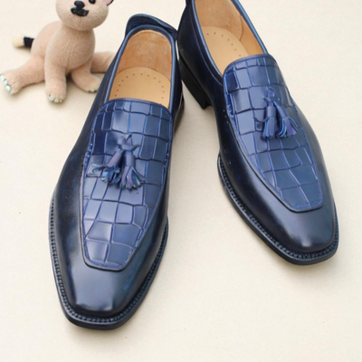 Crafted leather handmade mens blue crocodile/alligator tassel loafers shoes 