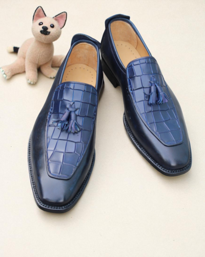 Crafted Leather Handmade Mens Blue Crocodile/Alligator Tassel Loafers Shoes 