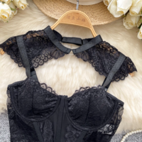 Black Gothic Vintage O-Neck Lace Spliced Crop Top - Thumbnail 2