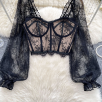Elegant Slim Fit Ruffle Sleeve Lace Blouse - Thumbnail 2