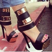 Women's Roman sandals metal plate rivet waterproof platform high heels - Thumbnail 3