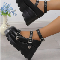 Black Round Toe Studded Gothic Punk Heels - Thumbnail 4