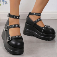 Black Round Toe Studded Gothic Punk Heels - Thumbnail 5