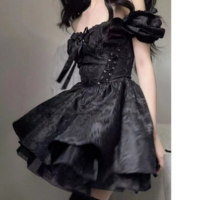Puff Sleeve Vintage Style BVlack Gothic Dress - Thumbnail 1