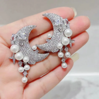Elegant Celestial Royal Blue Cubic Zirconia & White Pearl Moon Earrings - Thumbnail 1