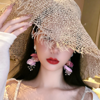 Statement Floral Bohemian Pink Chiffon Flower Earrings - Thumbnail 4
