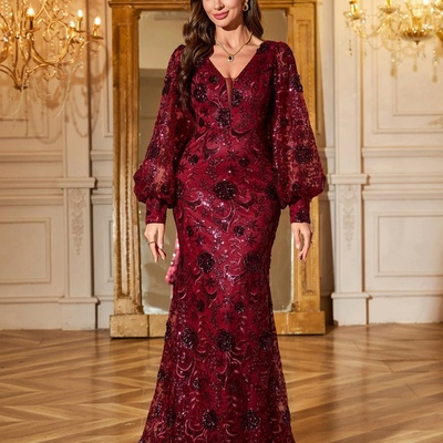 Floral women's v-neck lantern sleeve sequin patchwork embroidery slimming waist party evening gown dress