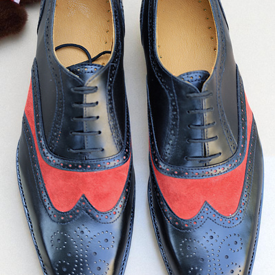 Crafted leather red suede black leather wingtip oxford lace up formal dress shoes