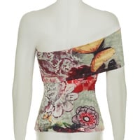 Butterfly tie-dye print one-shoulder asymmetrical tube top - Thumbnail 1