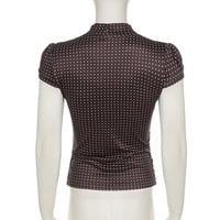 V-neck tie pleated slim shoulder T-shirt polka dot short-sleeved top - Thumbnail 5