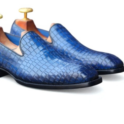 Crafted leather classic blue crocodile/alligator leather loafers dress shoes