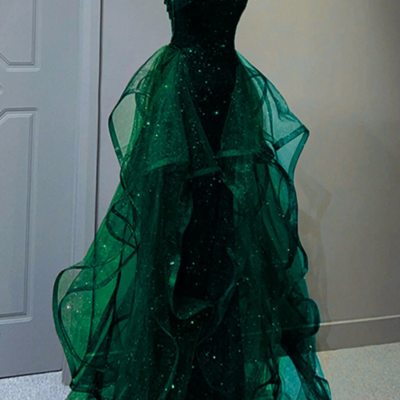 Halter a line green sequins tulle long party dress, evening dress