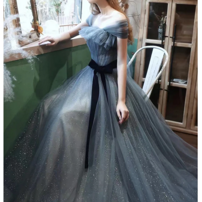 Bluish grey off shoulder long evening dress