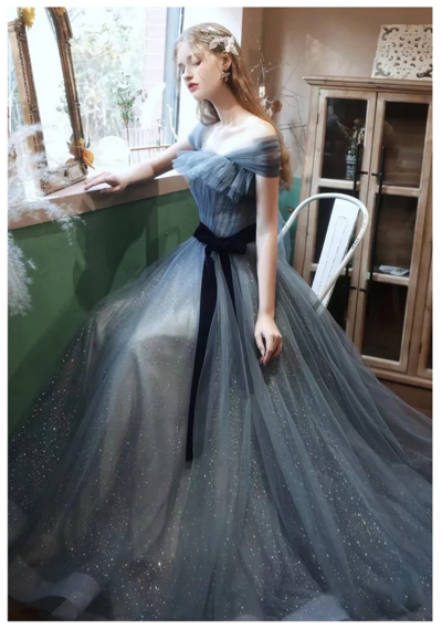Bluish Grey Off Shoulder Long Evening Dress