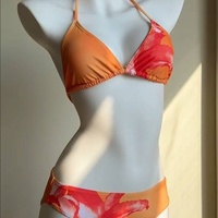 Orange Floral Print Women's Tropical Paradise 3-Piece Swimsuit Set with Sarong Coverup - Thumbnail 2