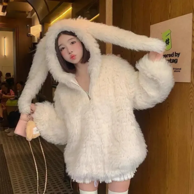 Kawaii thickened loose winter jacket with cute rabbit ears