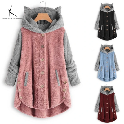 Warm fleece hoodie  pullover with cat ears & pockets