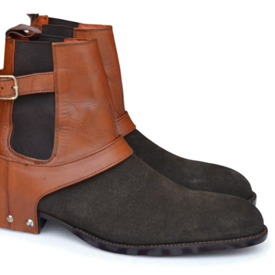 Crafted leather men classic black suede brown leather buckle strap cowboy boot