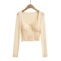 Sexy slim-fit lace-paneled short mesh inner T-shirt - Thumbnail 1