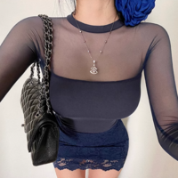 Hollow lace mesh half-high round neck long-sleeved bottoming shirt - Thumbnail 5