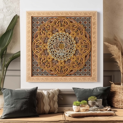 Eightfold fortune mandala: layered wood art of abundance
