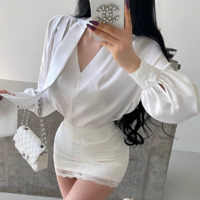 High-grade satin sweet shirt bow white loose versatile commuter top - Thumbnail 4