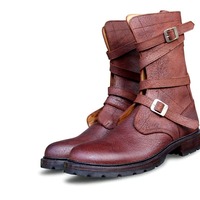 Crafted Leather Handmade Men's Brown Grain Leather Military Strap Ankle High Combat Jodhpur Boot - Thumbnail 1