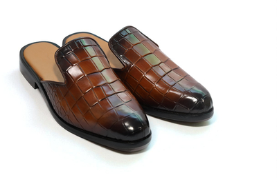 Crafted Leather Classic Brown Crocodile/Alligator Leather Mules Dress Shoes