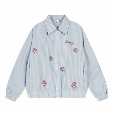 Striped rose embroidery lapel zipper jacket women's loose chic thin jacket