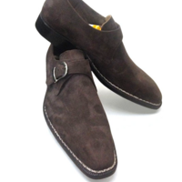 Crafted Leather Classic Brown Suede Leather Monk Strap Dress Shoes - Thumbnail 3
