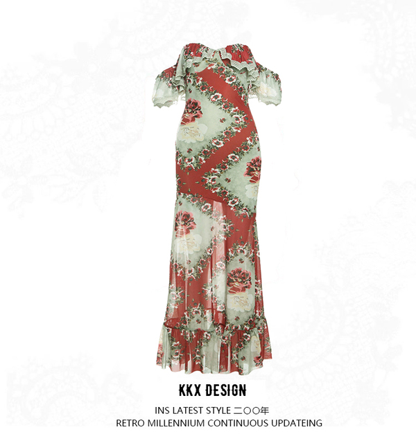 Fashionable printed slim sexy one-shoulder dress