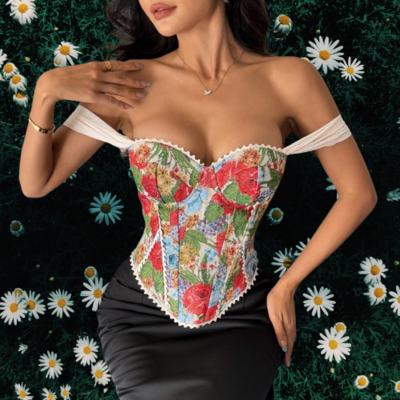 Retro French jacquard palace style wrapped chest fishbone chest cotton vest
