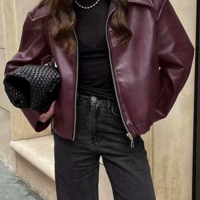 Wine Red Faux Leather Jacket - Thumbnail 4