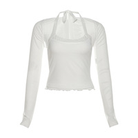 Mesh translucent halter neck sexy lace-up vest + short cardigan fashion suit - Thumbnail 4