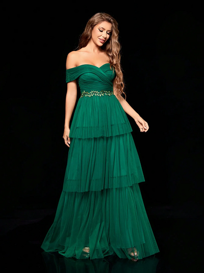 Line collar irregular three-dimensional embroidered multi-layer gauze long dress