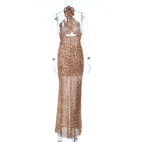 Leopard print hollow halter neck slit dress - Thumbnail 3