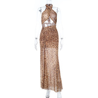 Leopard print hollow halter neck slit dress - Thumbnail 5