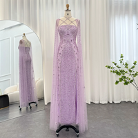  Luxury Dubai Aqua Lilac Mermaid Evening Dress with Cape Sleeve - Thumbnail 5
