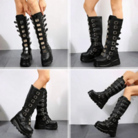 Goth Metal Buckle Black Platform Boots for Women - Thumbnail 1