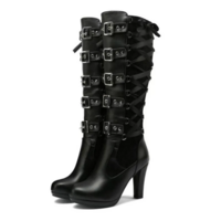 Lace up Rivets Belt Buckle High Heel Mid-Calf Boots for Women - Thumbnail 6