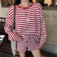 Sports striped suit round neck long sleeve loose mid-length long sleeve T-shirt + high waist shorts - Thumbnail 1